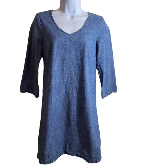 J. by J. Crew Chambray Shift Dress Scalloped Sleeves Blue Preppy Back Zipper 0 - Picture 2 of 10